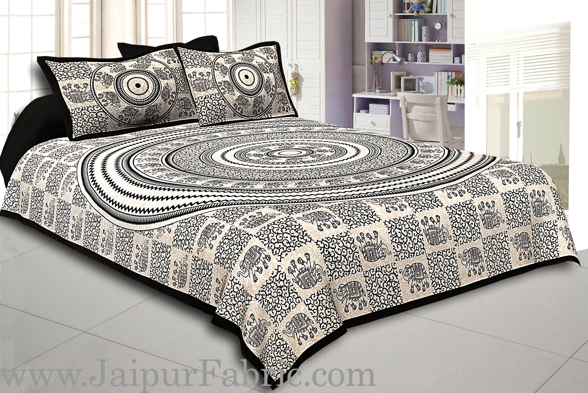Black Border Cream Base  Mandal With  Elephant Print  Super Fine Cotton Double Bed Sheet