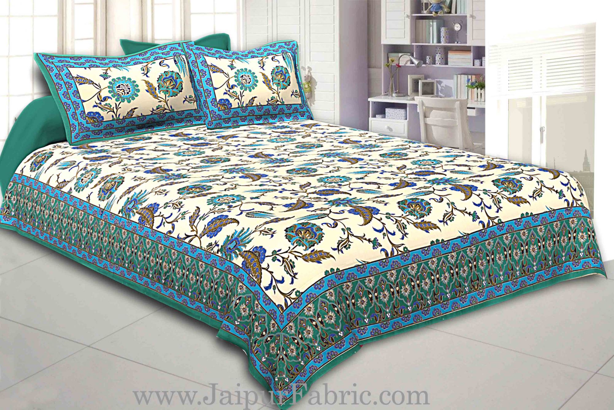 Green Border Multi Floral Golden Print Fine Cotton Double Bedsheet With Two Pillow