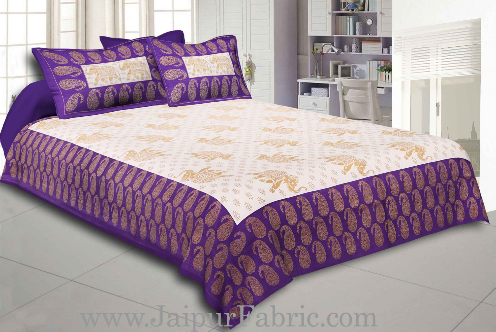 Purple Border Elephant Golden Print Cotton Double Bedsheet With Pillow Cover