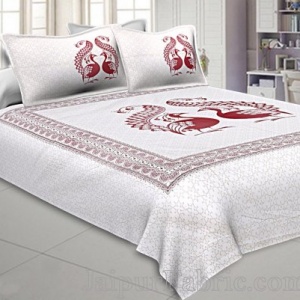 Twill Cotton Double Bedsheet Burgundy Red  Peacock Pair