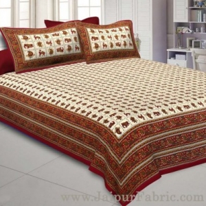 Super King Size Double Bedsheet Maroon Jaipuri Traditional Print with 2 Pillow Covers