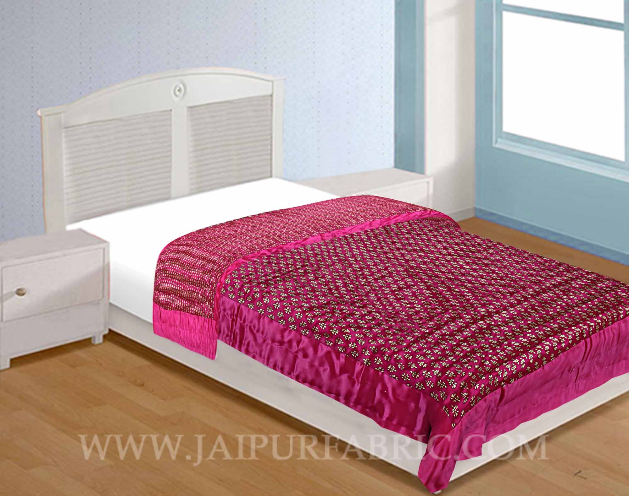 Single Bed Quilt Rani Base Golden Floral Print Silk