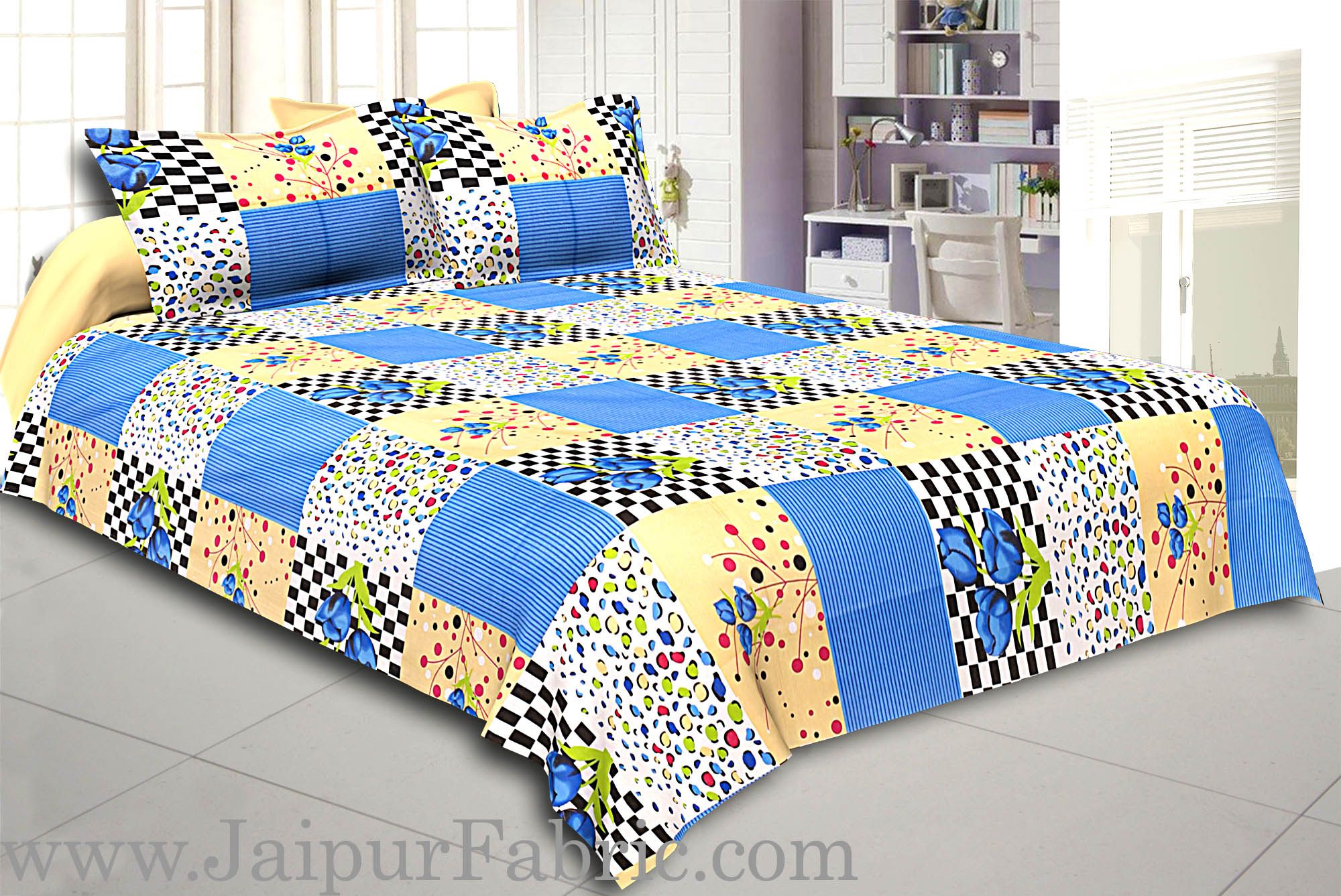 Blue Flower with Checkered Print Double Bed Sheet