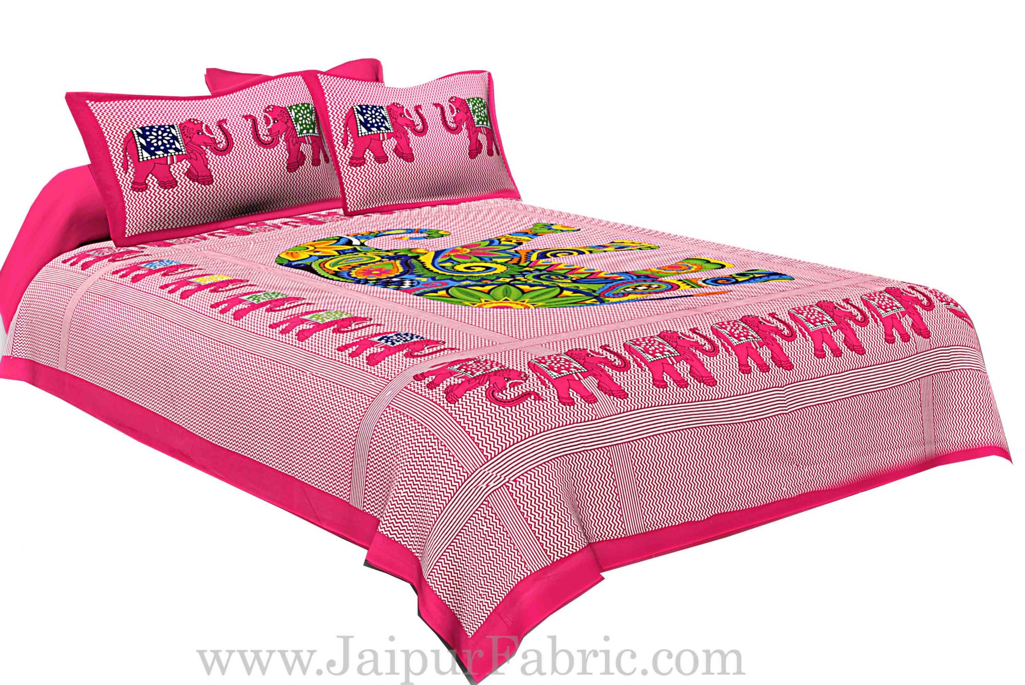 Pink Border With Large Multi-Colored Elephant Pigment Print Cotton Double Bedsheet