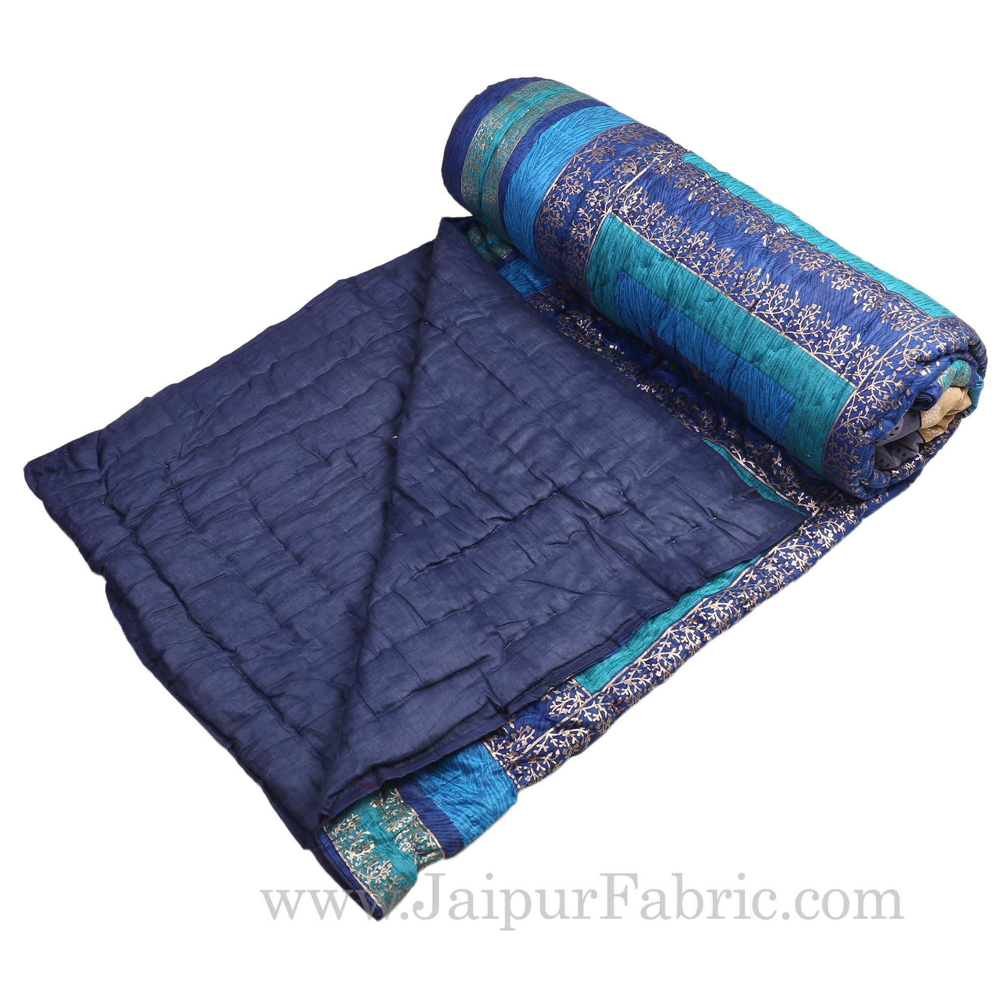 Firozi And Blue Golden Jaipuri  Tree  print Single Bed Quilt