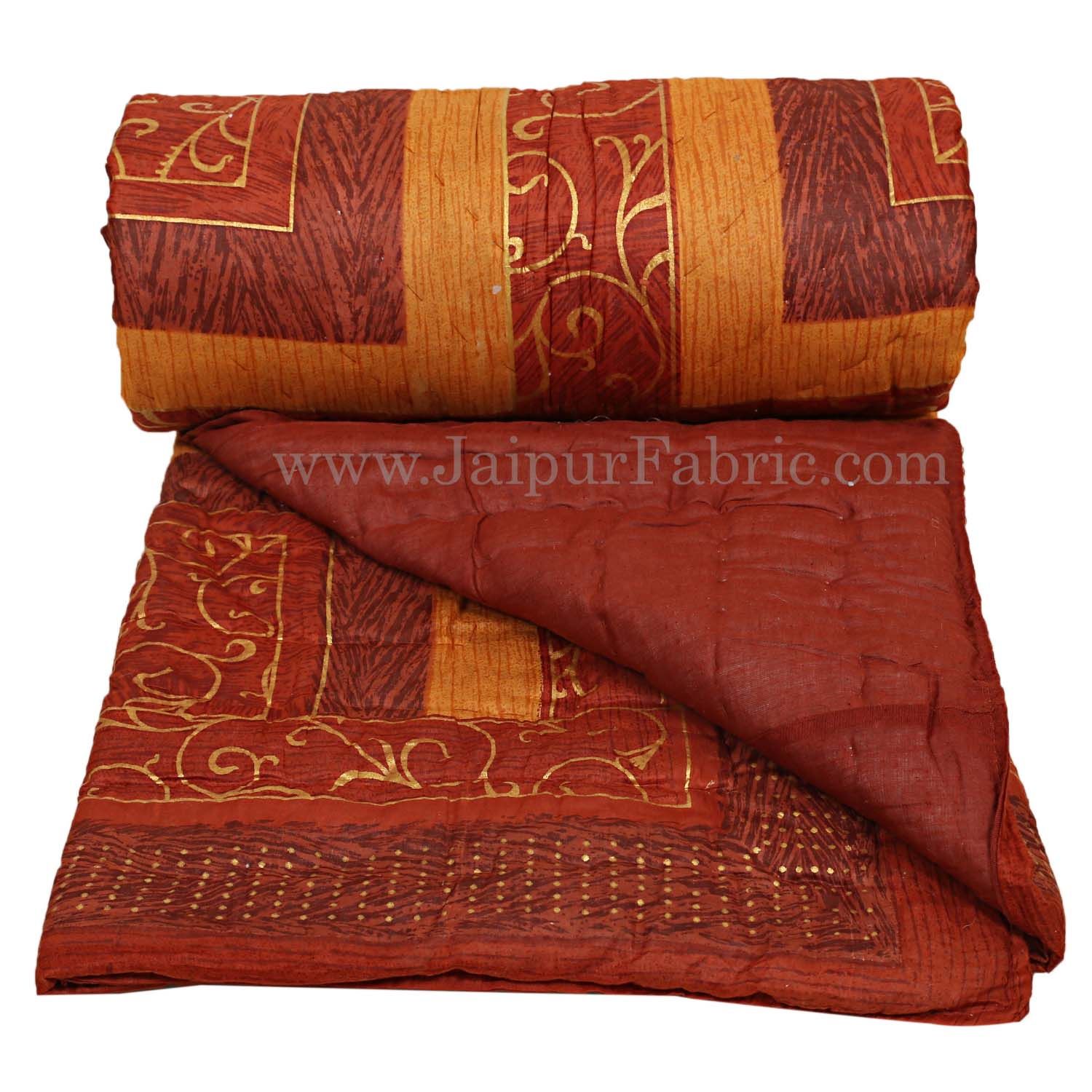 Coffee And Dark Brown Golden Jaipuri  Tree  print Double Bed Quilt