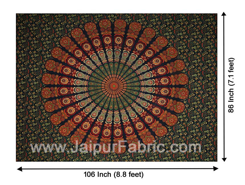 Green Mandala Double Bedsheet Tapestry with 2 Pillow Covers
