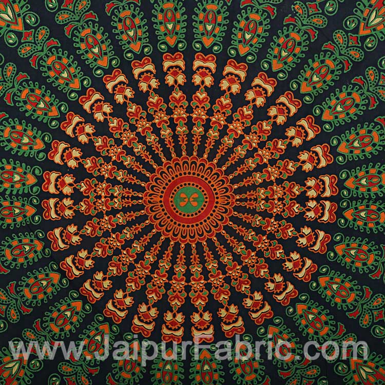 Green Mandala Double Bedsheet Tapestry with 2 Pillow Covers