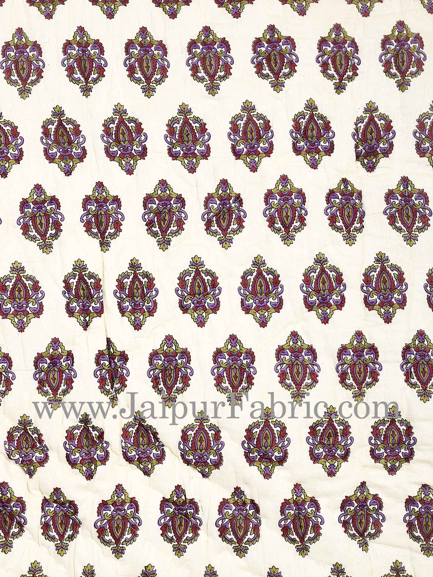 Cream Base Maroon Green  Bel  Boota Print Both Side Printed Cotton Double Quilt