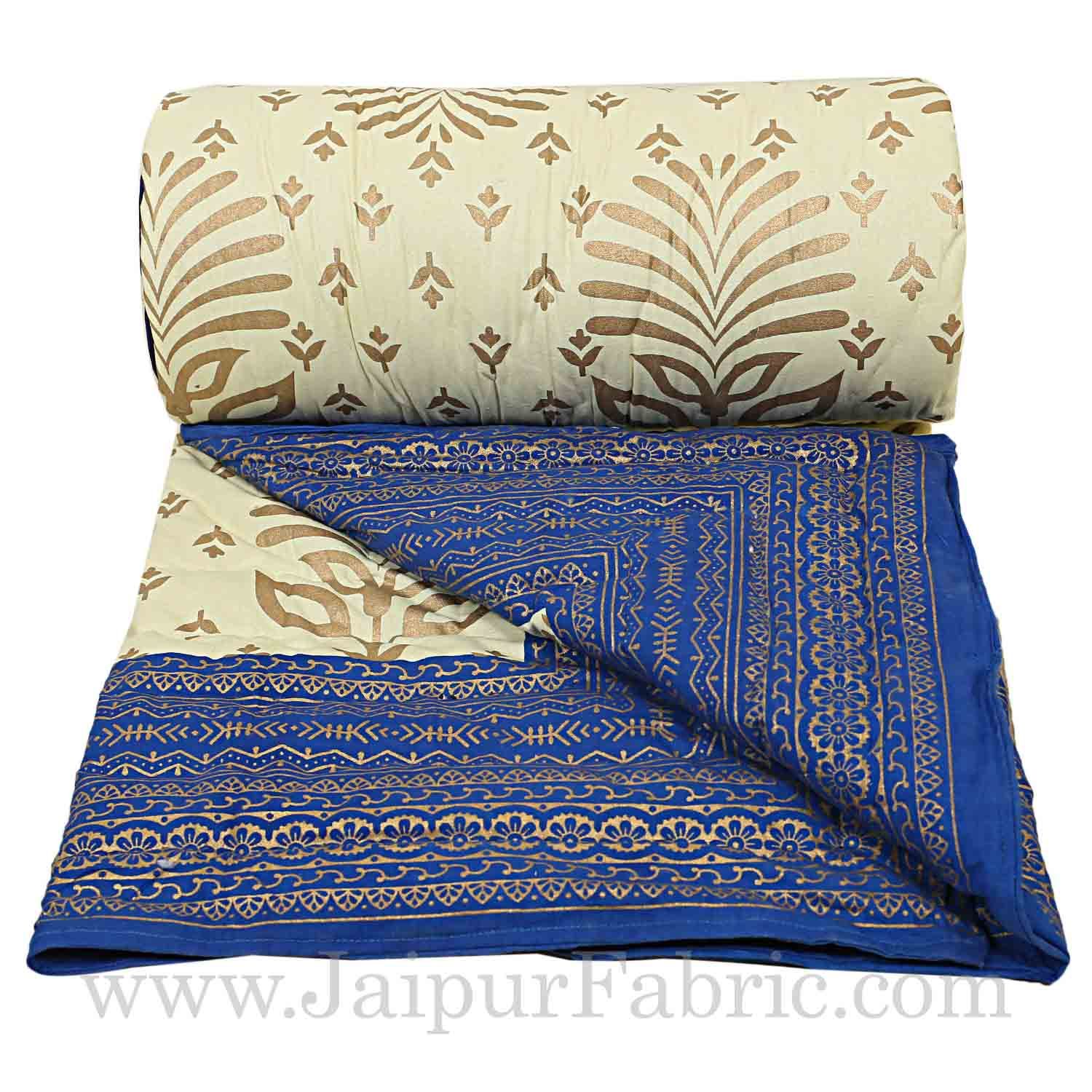 Jaipuri Single Razai with Blue  Leaf pattern Golden Print