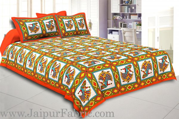 Orange Jaipuri Ghoomar Dance Print Cotton Double Bed Sheet