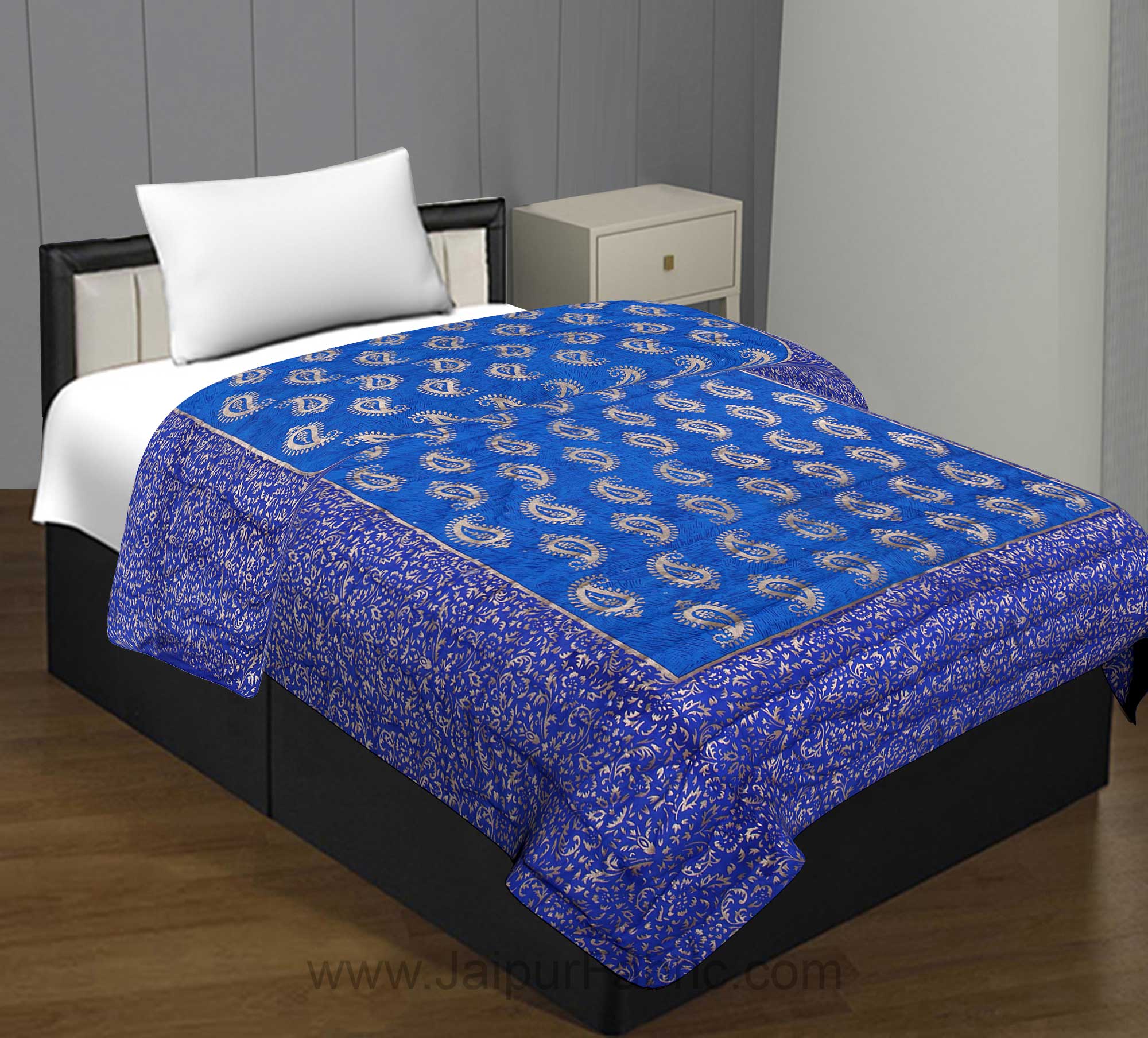 Jaipuri Printed Single Bed Razai Golden Blue and Sea Green with Paisley pattern