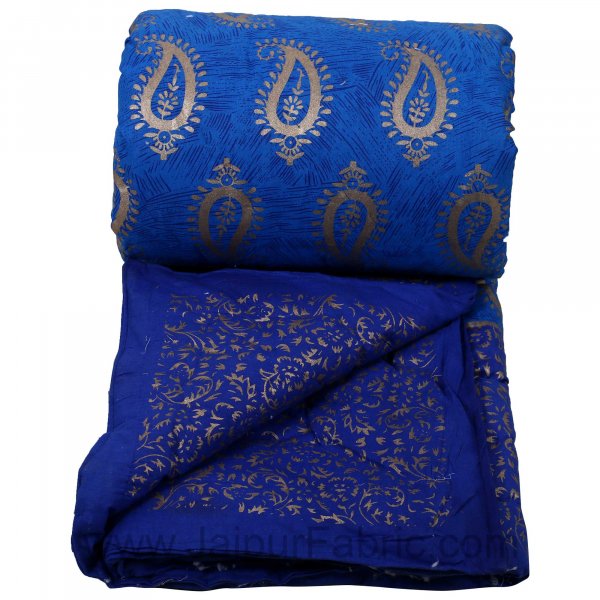 Jaipuri Printed Single Bed Razai Golden Blue and Sea Green with Paisley pattern