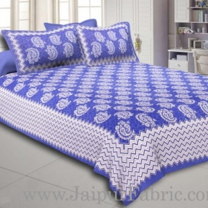 Blue  Border With Zig-Zig Lining Twin Kerry Pattern Cotton Double Bed Sheet