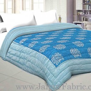 Jaipuri Printed Double Bed Razai Silver  Firozi And Ice Blue White base with Jall pattern