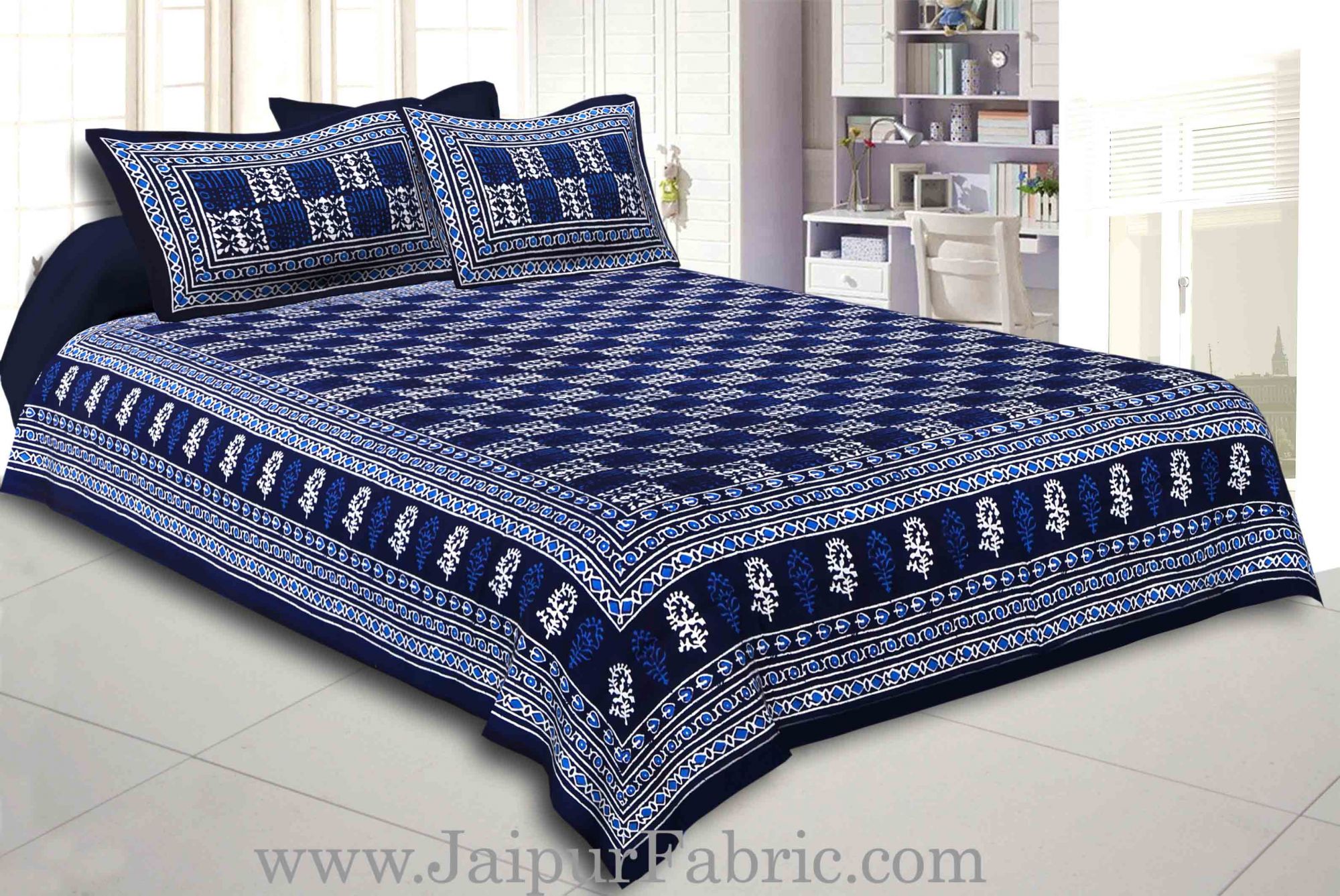 Blue Border Blue Base Checkered  Print Fine Cotton Double Bed sheet  With Pillow Cover