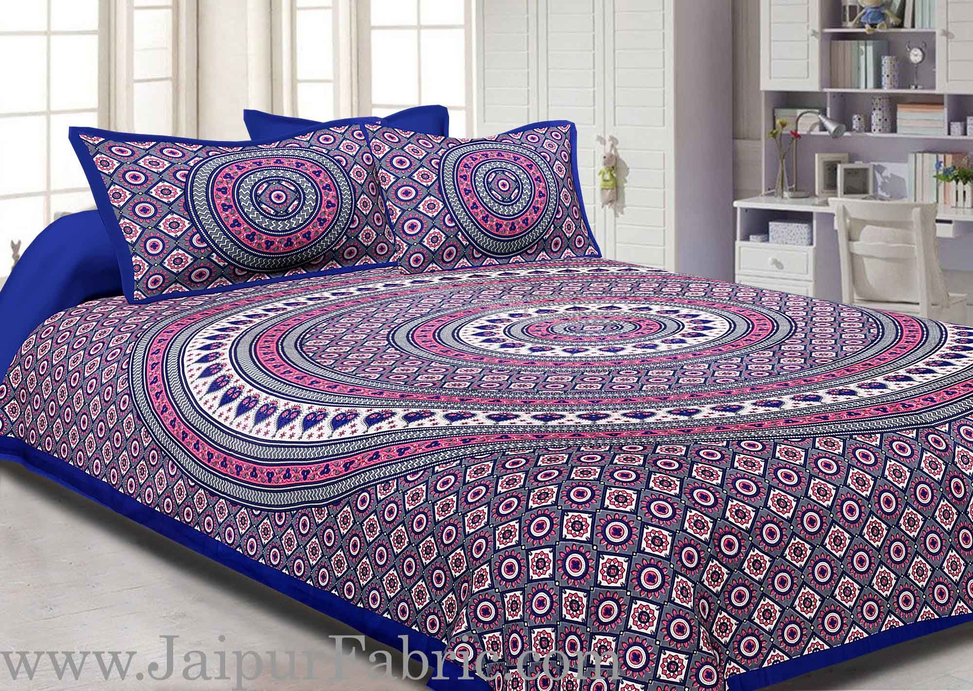 Blue Border Sanganeri Print Cotton Double Bed Sheet With 2 Pillow Cover