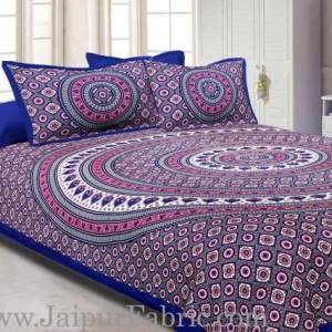 Blue Border Sanganeri Print Cotton Double Bed Sheet With 2 Pillow Cover