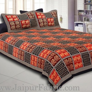 Black Border checkered  With Elephant And Dandiya  Pattern  Golden Print Super fine Cotton  Double Bed Sheet