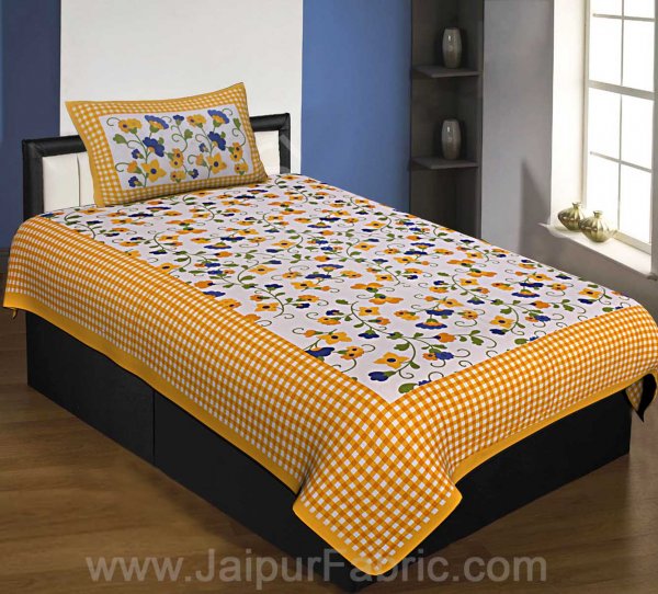 Floral Single Bedsheet Yellow Color Dotted Border with 1 Pillow Cover