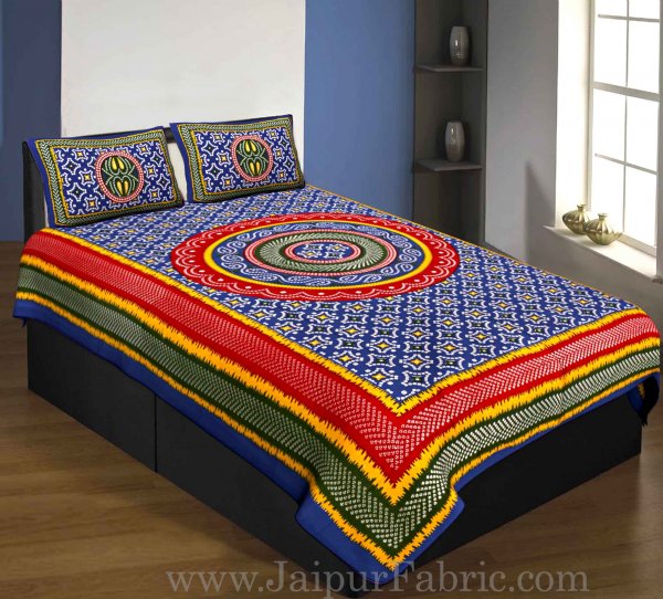 Single Bedsheet Pure Cotton Blue Border with  Bandhej and Rangoli Print
