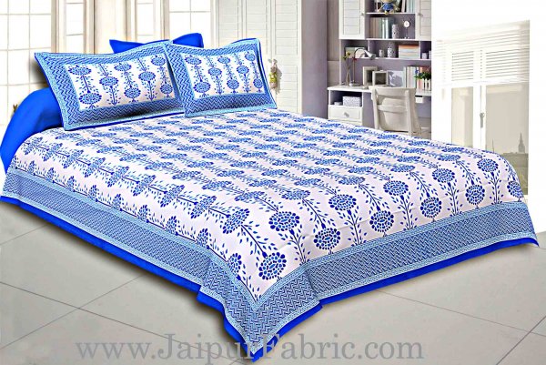 Blue Border Cream Base Linear Floral Cotton Satin Hand Block Double Bedsheet