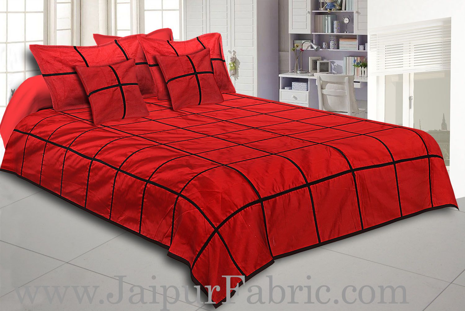 Light Red  With Check Silk festive Double Bed sheet