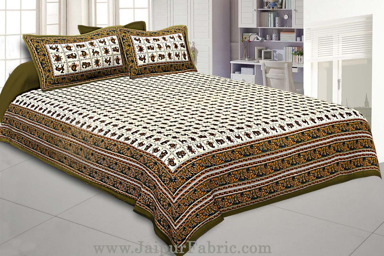 Super King Size Double Bedsheet Green Jaipuri Traditional Print with 2 Pillow Covers