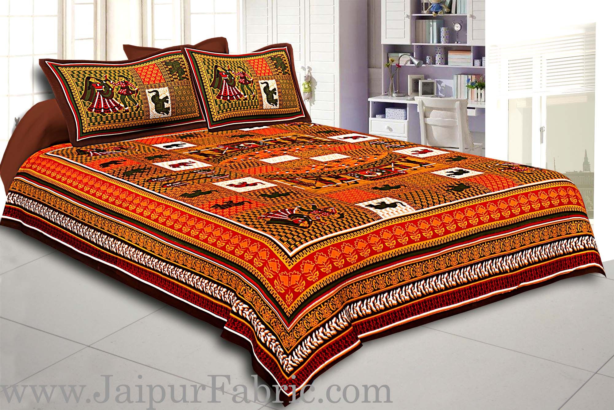 Dark Brown Border Orange Base Doli Print In Checks Fine Cotton Double Bed Sheet