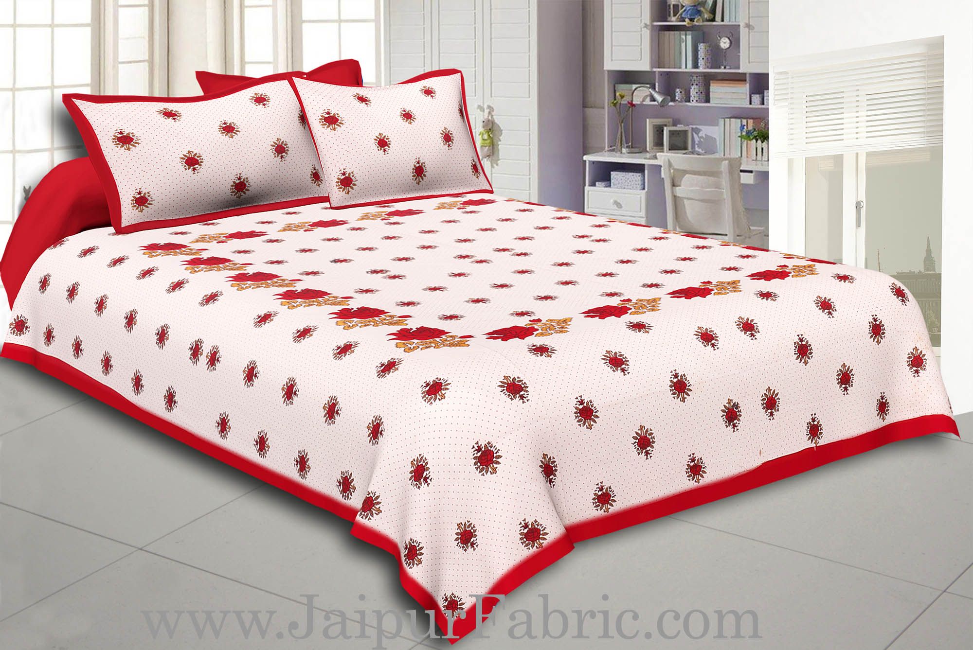 Dotted White Base Red Lotus Flower Print Cotton Double Bed Sheet