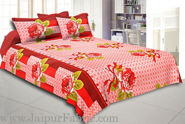 Orange Square Base with Flower Print Cotton Double Bed Sheet