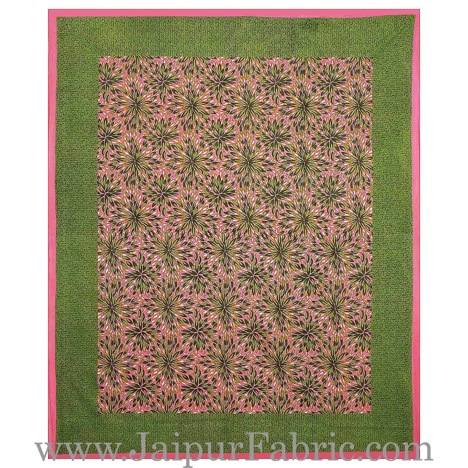 Pink Border Green Base Flower Pattern Cotton Double Bed Sheet