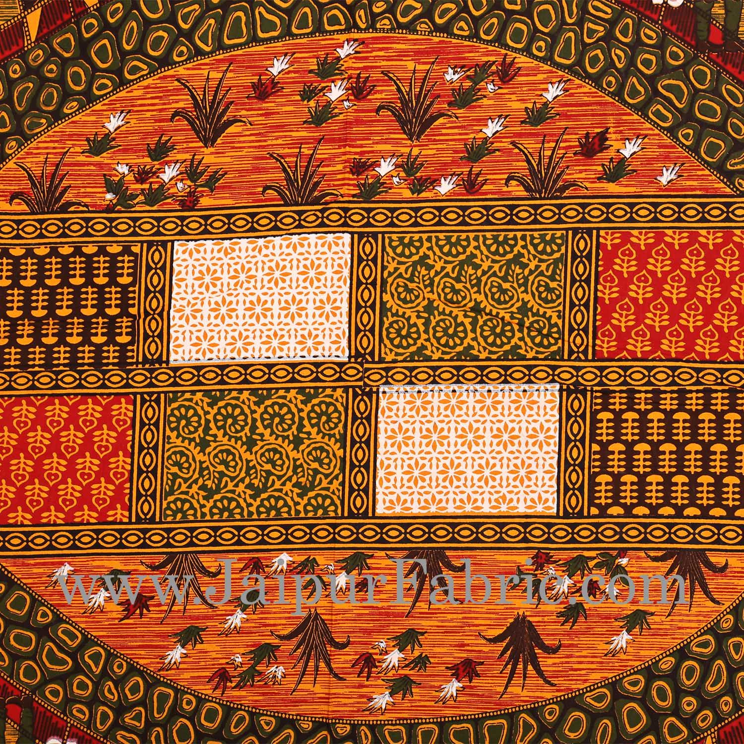 Dark Brown Border Orange Base Doli Print In Checks Fine Cotton Double Bed Sheet