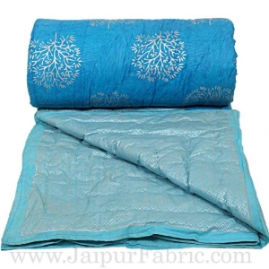 Jaipuri Printed Double Bed Razai Silver  Firozi And Ice Blue White base with Jall pattern