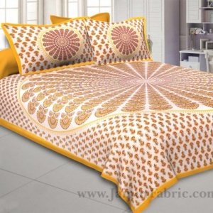 Yellow Sanganeri Printed Cotton Double Bed Sheet
