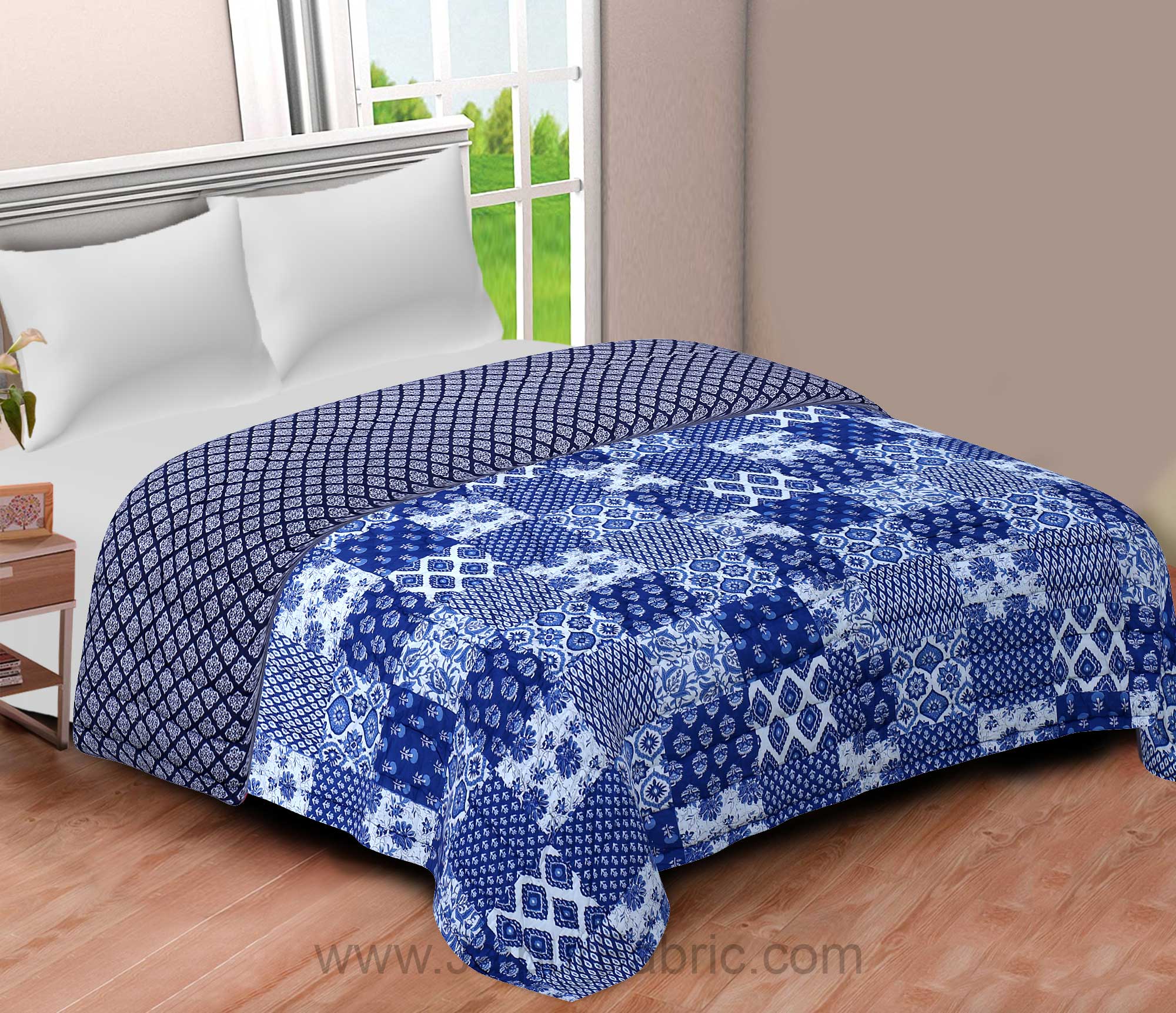 Jaipuri Quilt Blue Bagru Print Double Bed Quilt