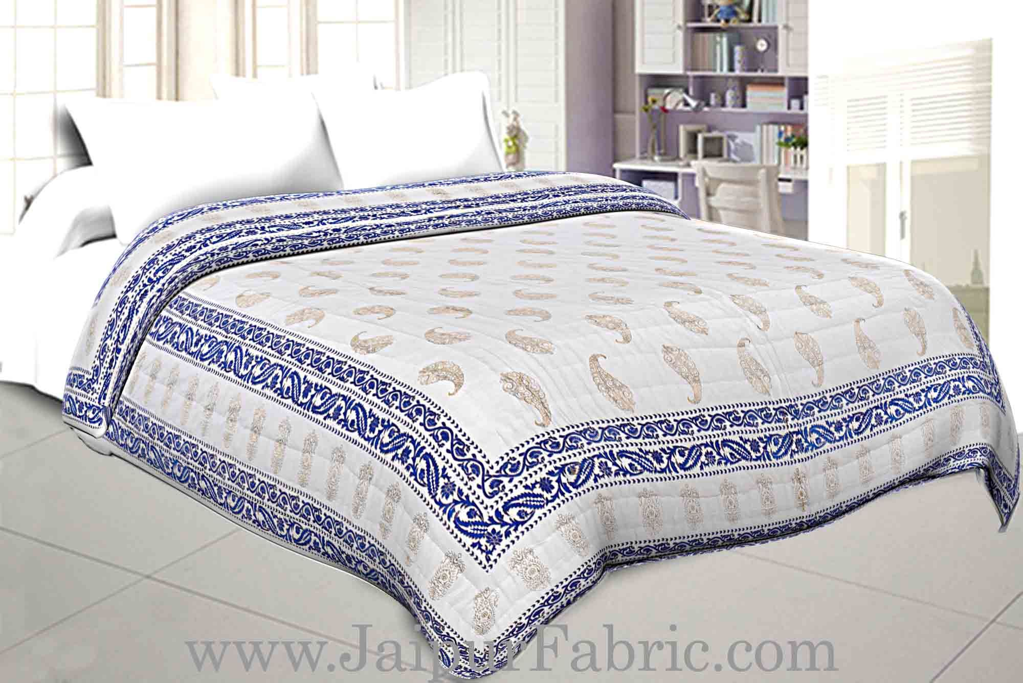 Jaipuri Printed Double Bed Razai Golden Light Blue White base with Paisley pattern