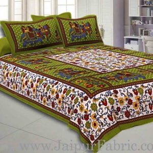 Double Bedsheet Green Border Gangaur Print Fine Cotton With Two Pillow Cover