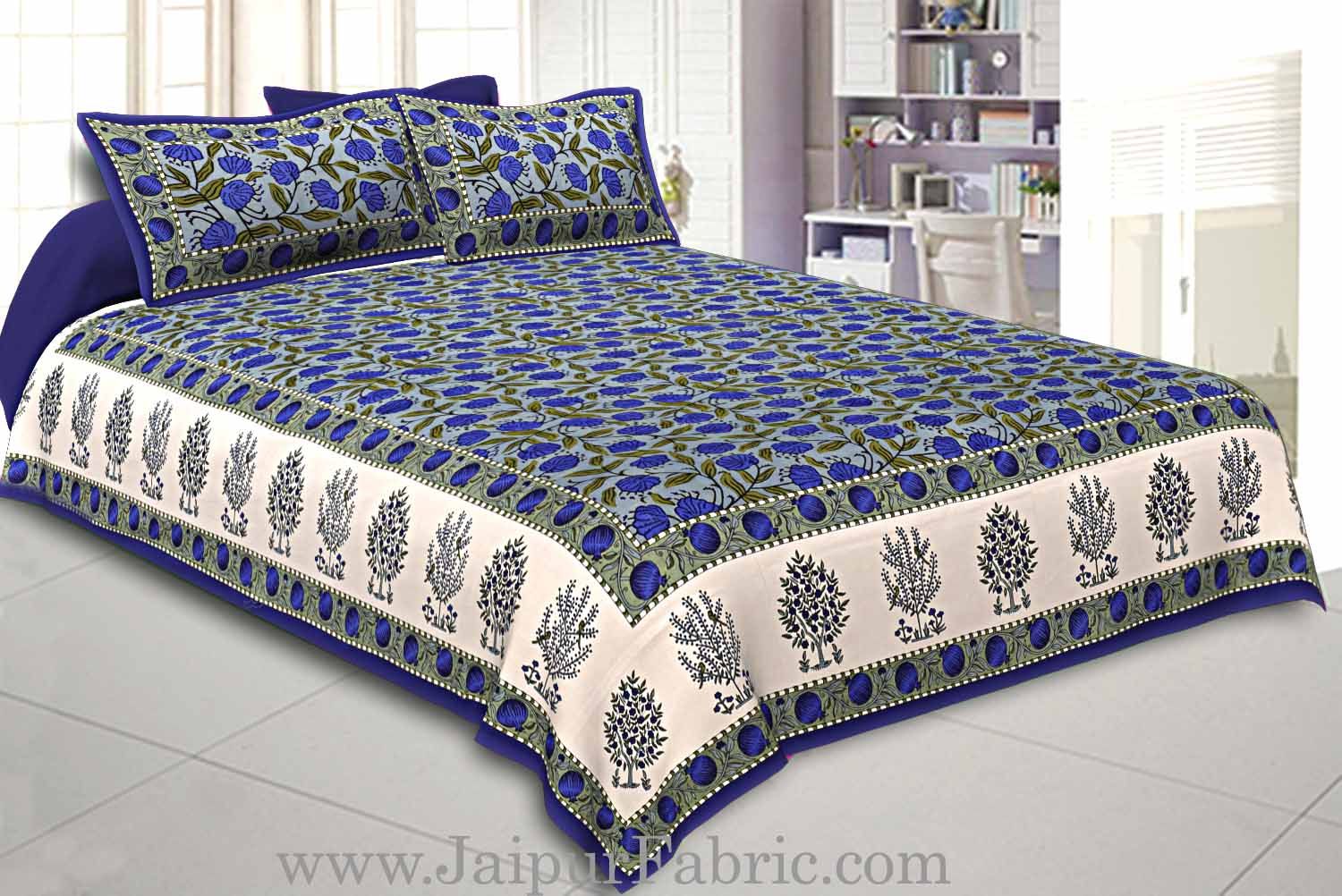 Double Bedsheet With Blue Border  Big Dot Super Fine Cotton Smooth Touch