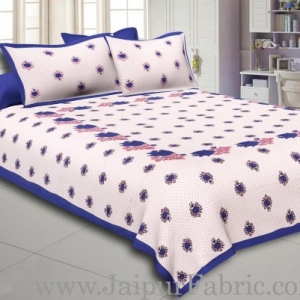 Dotted White Base Blue Lotus Flower Print Cotton Double Bed Sheet