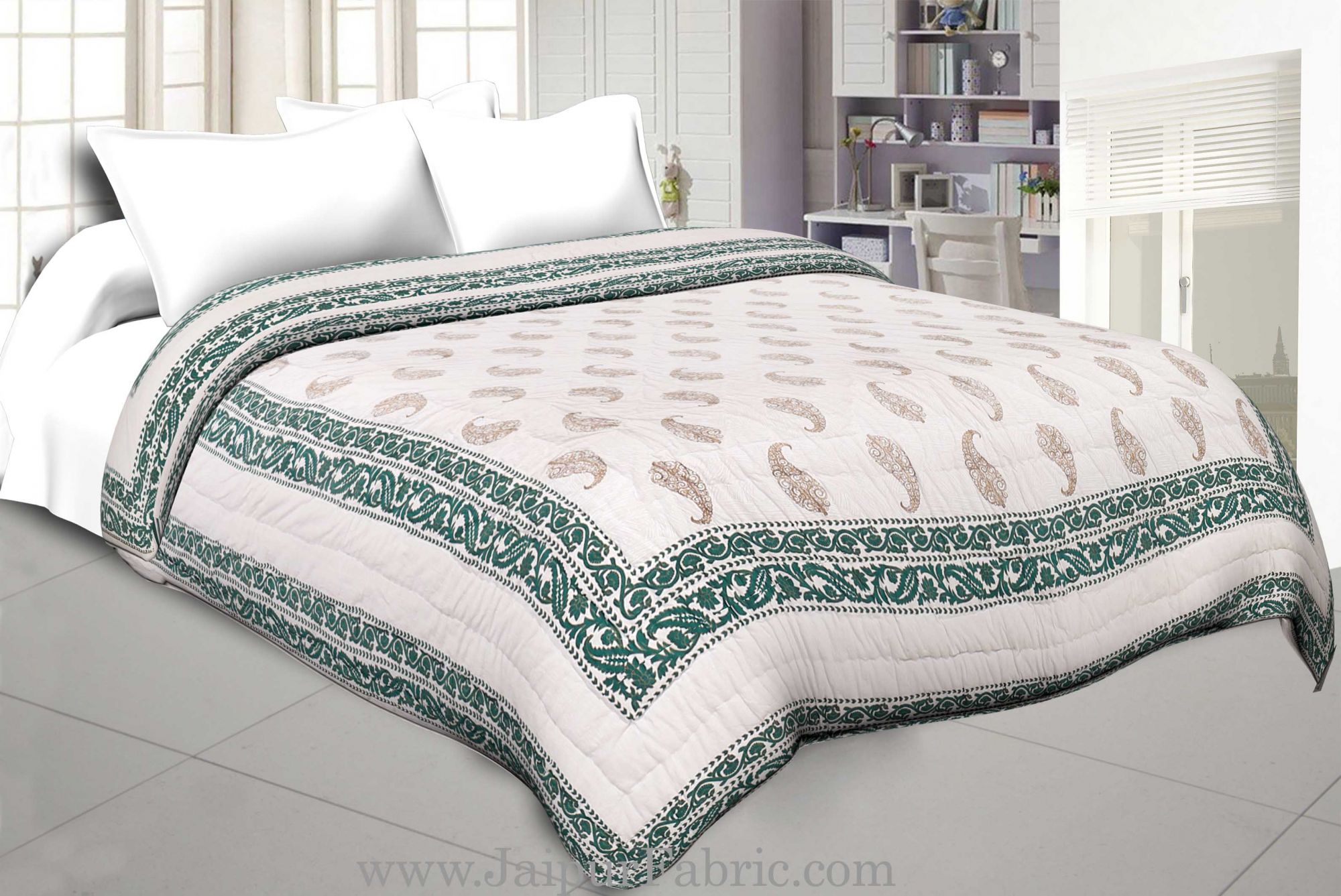 Green  Border With Cream Base Golden Paisley Booti Print Both Side Printed Cotton Double Quilt