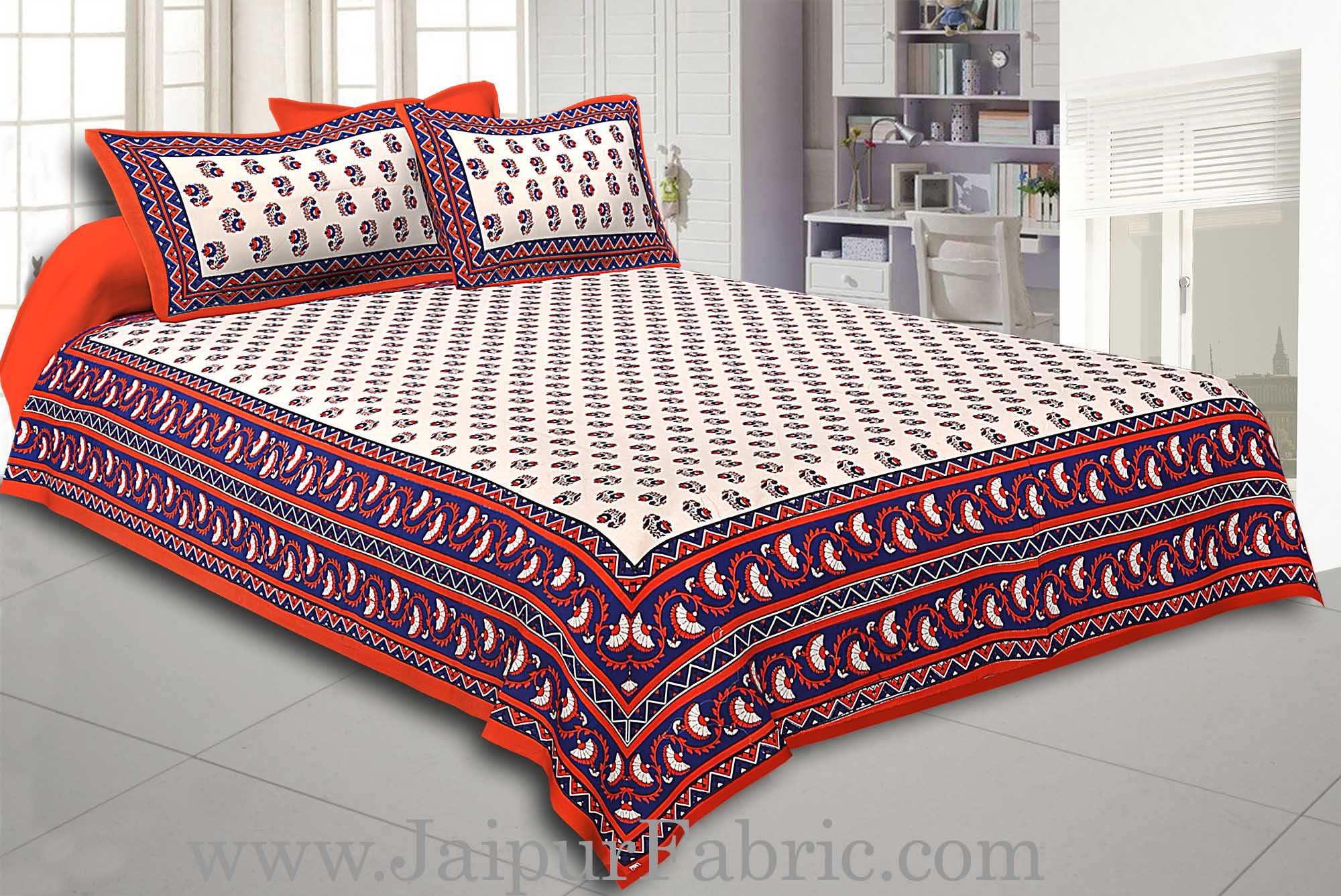 Orange Border with Bell And Floral Cotton Double Bedsheet