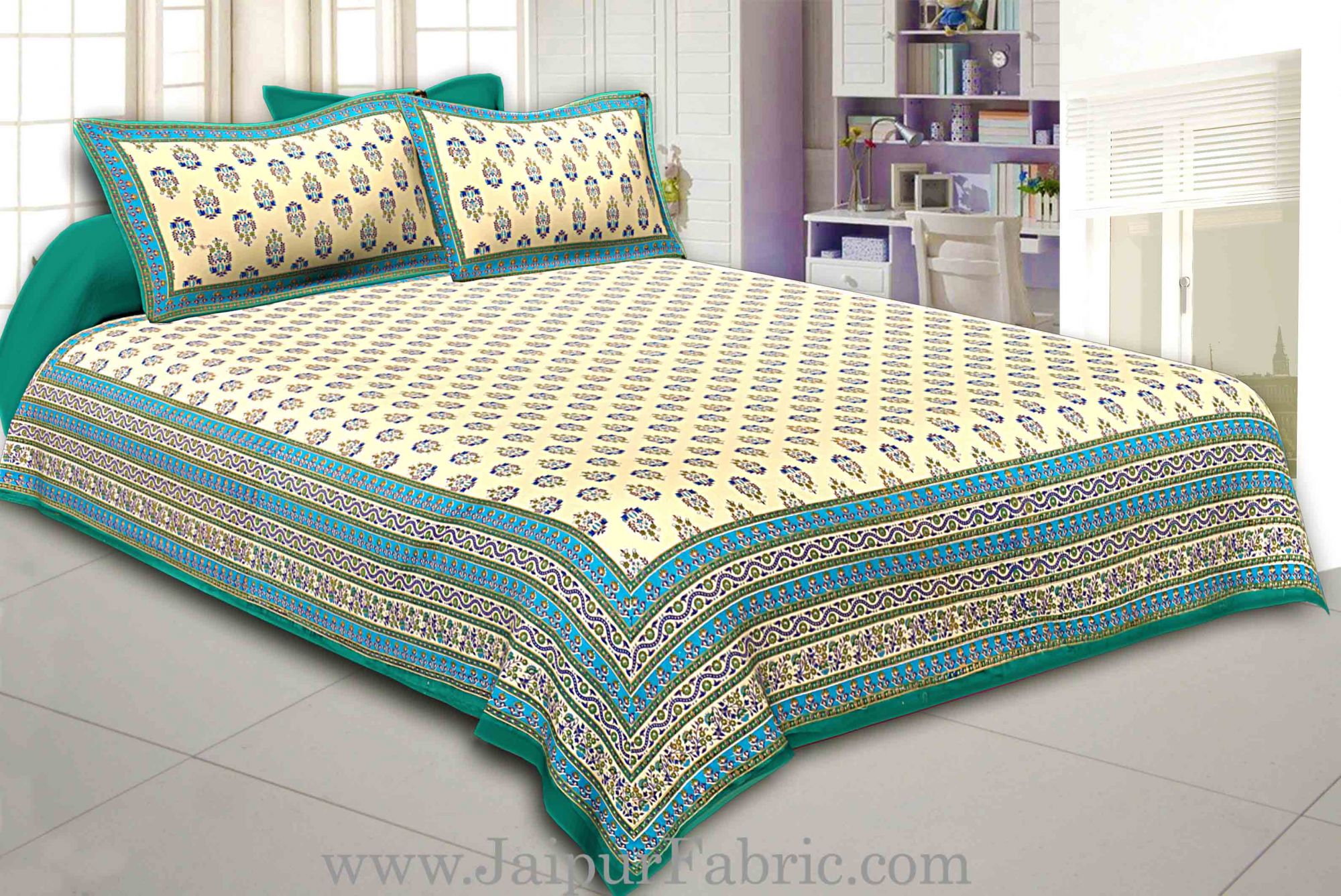 Green Border Cream Base  Multi Border Small Booti  With Golden Print Super Fine Cotton Double Bedsheet