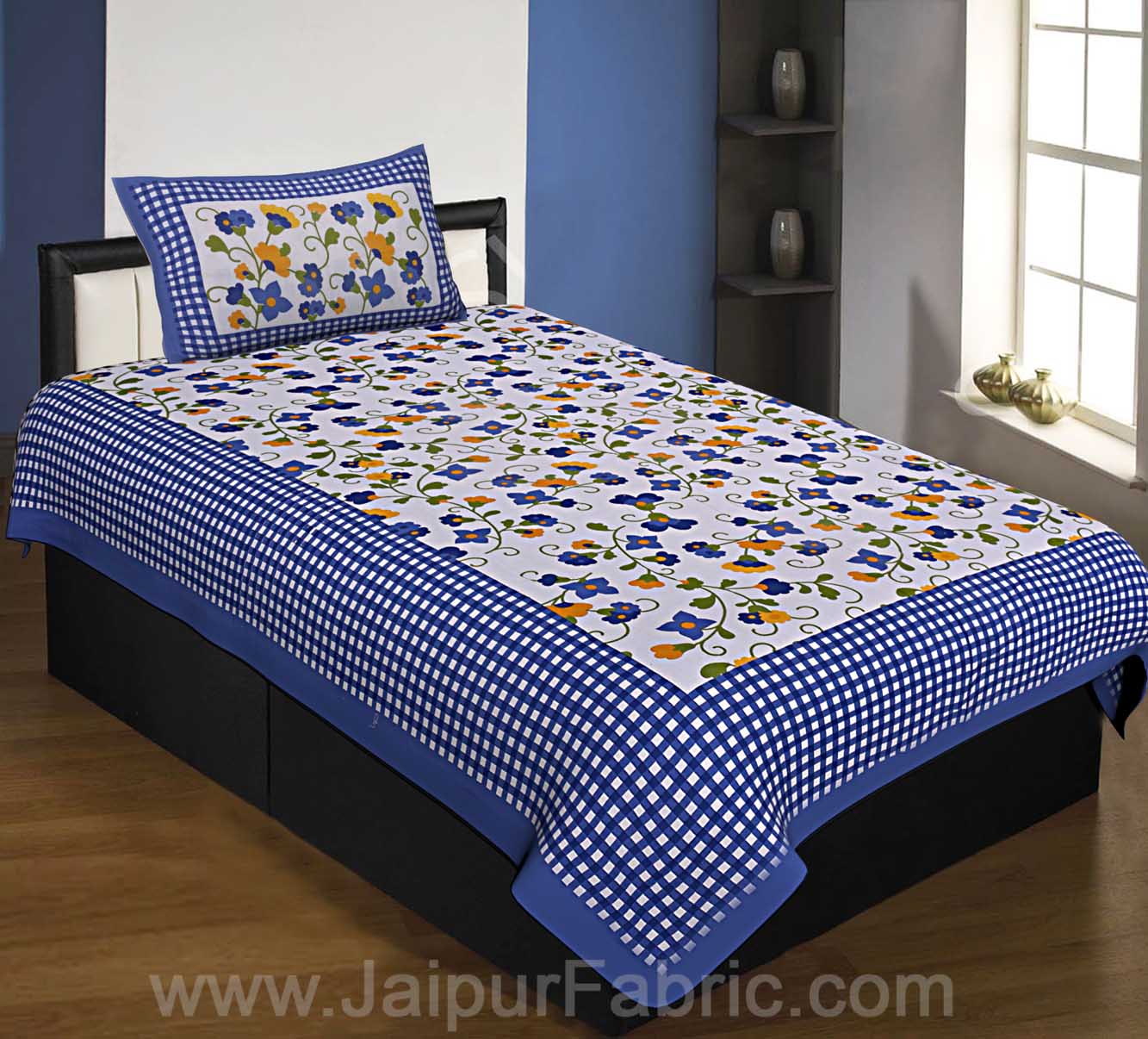 Floral Single Bedsheet Blue Color Dotted Border with 1 Pillow Cover