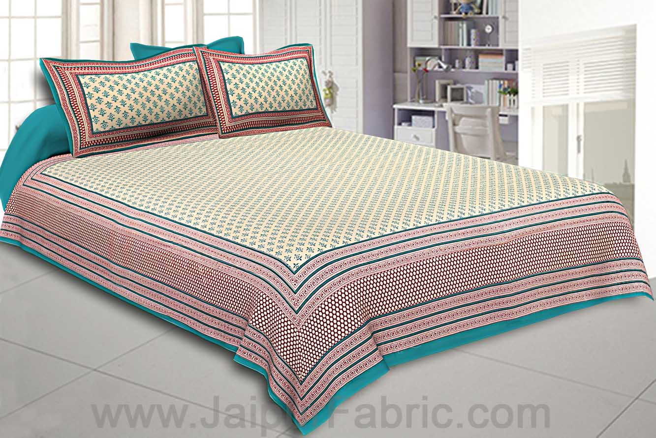 King Size Double Bedsheet Block Print Sea Green Border  Fine Cotton Design