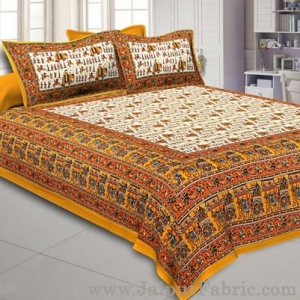 Super King Size Double Bedsheet Yellow Jaipuri Traditional Print with 2 Pillow Covers