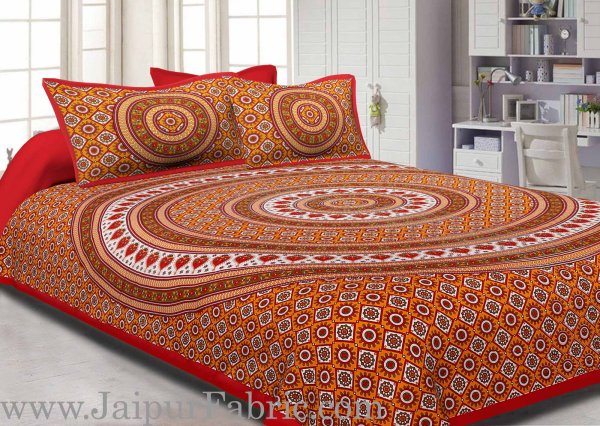 Red Border Sanganeri Print Cotton Double Bed Sheet With 2 Pillow Cover