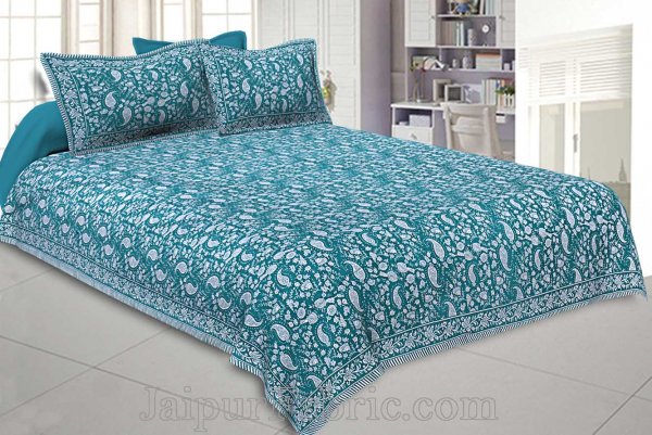 Double Bedsheet Sea Green Blue Paisley Floral Pattern