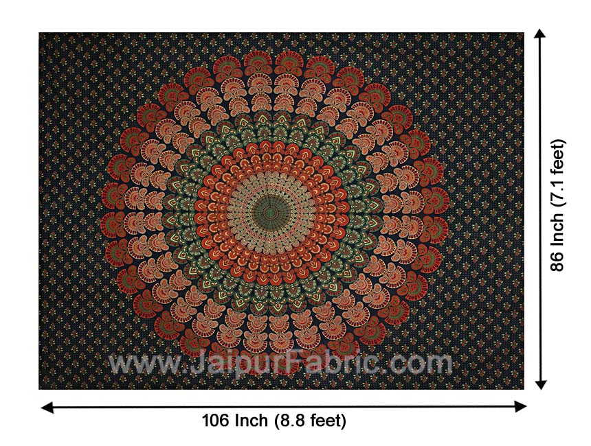 Dark Green Mandala Bedsheet Tapestry Floral Print With 2 Pillow Covers