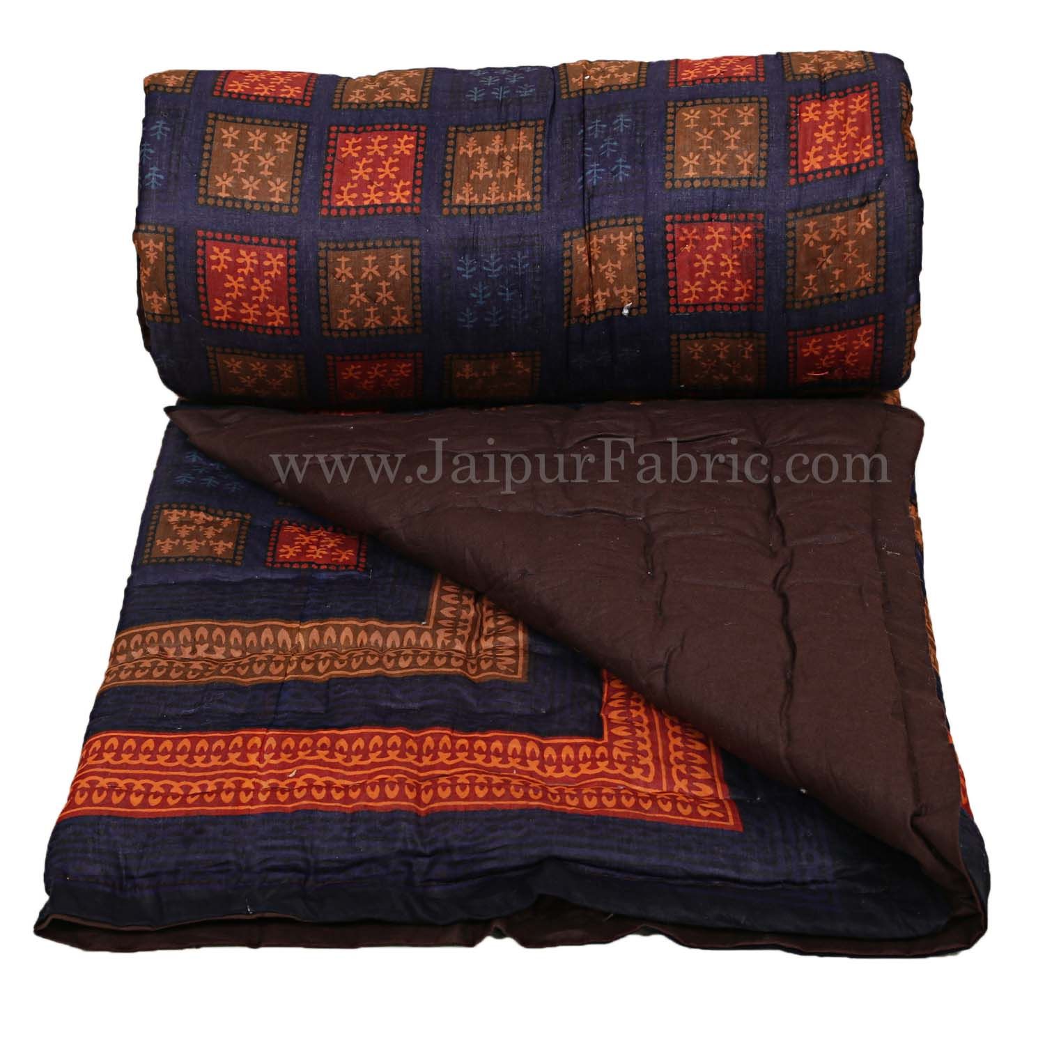 Jaipuri Razai/Quilt Blue Color Check Dabu Print Fine Cotton